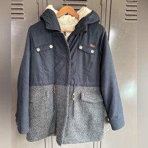 ROXY Navy Blue & Gray Anzoras Land Wool Sherpa Lined Parka Jacket Coat Size S